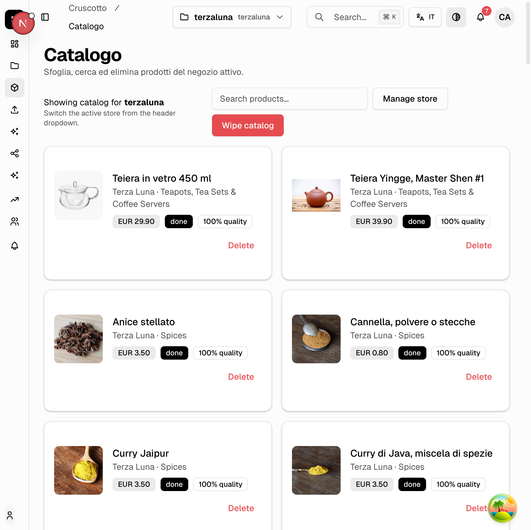 Vista catalogo della dashboard BrainSA