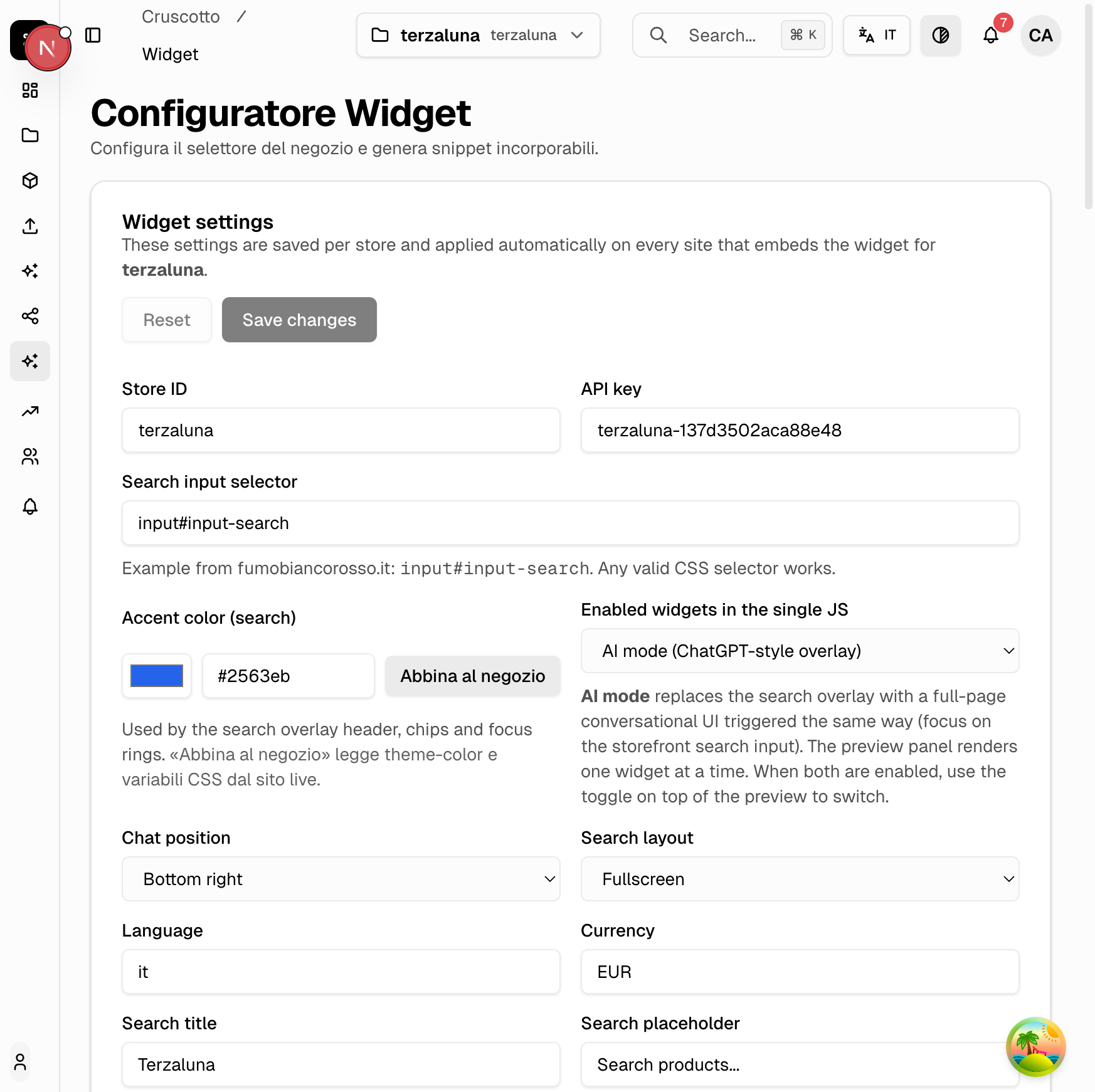 Configuratore widget della dashboard BrainSA con anteprima live