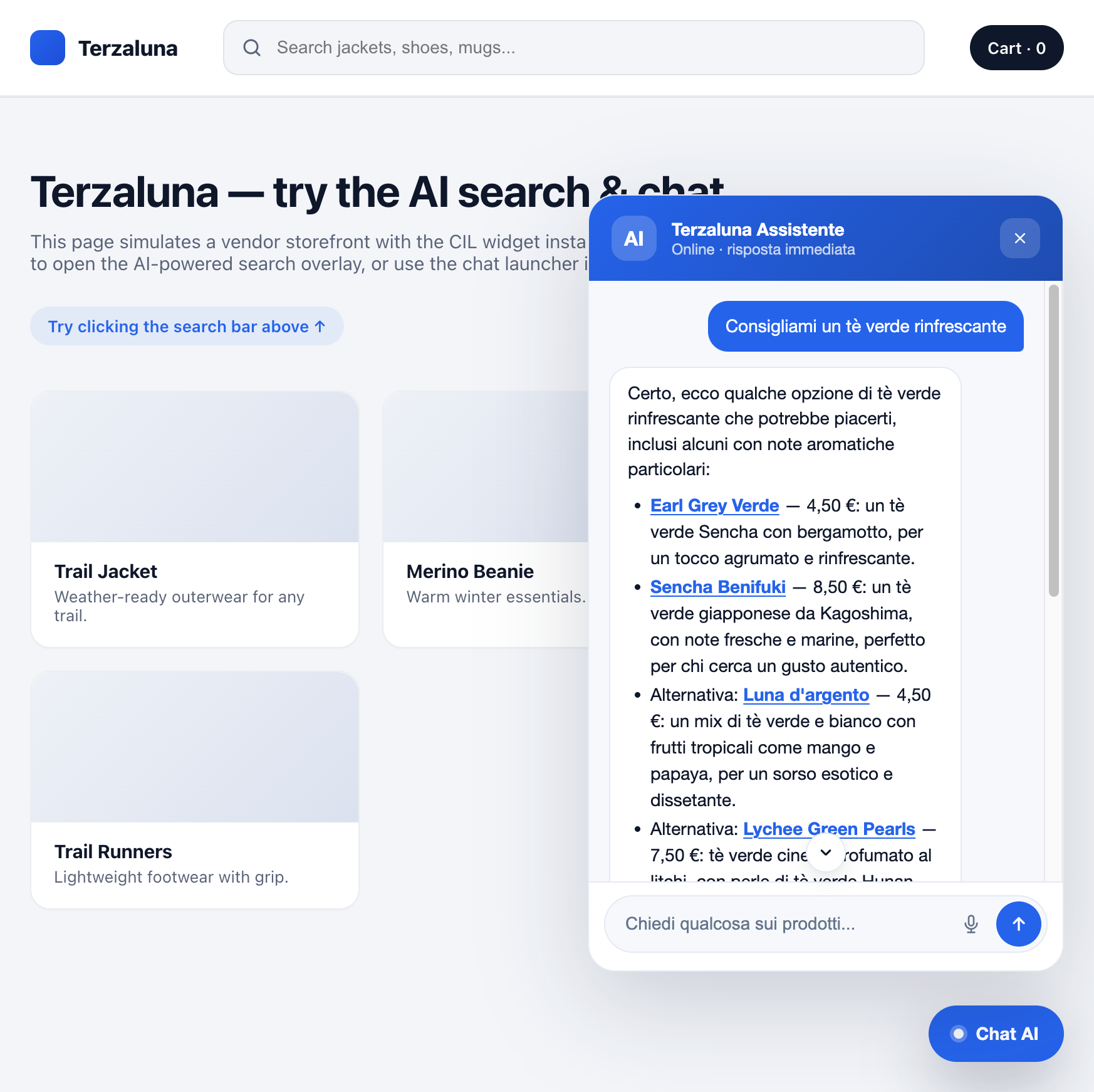 Chat popover BrainSA aperta con il nuovo input pill