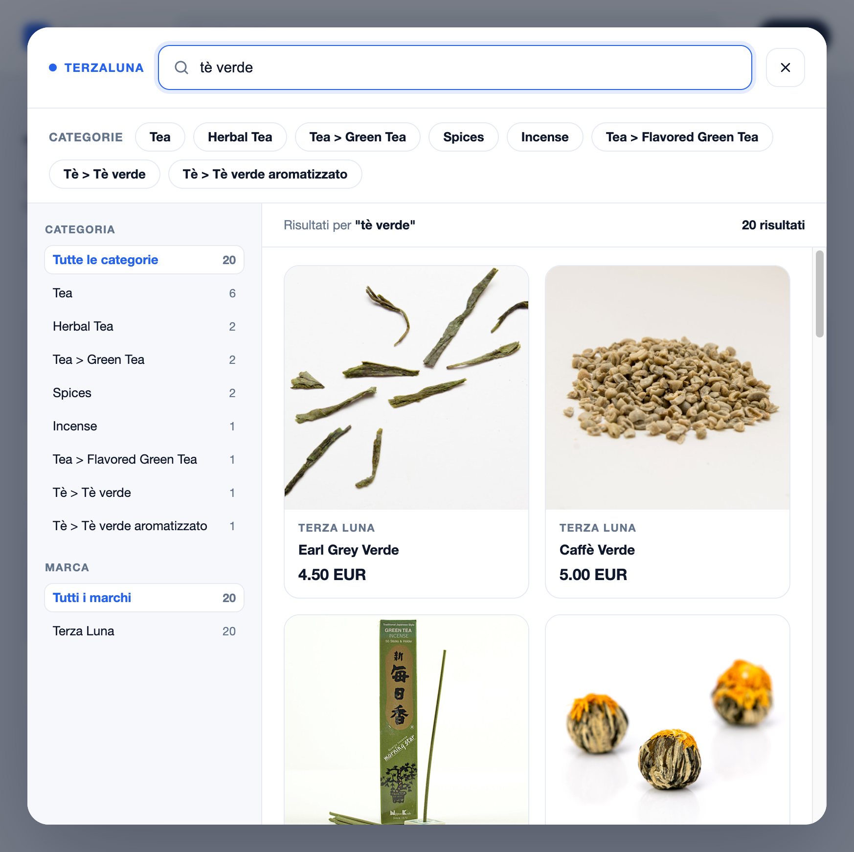 Overlay di ricerca BrainSA aperto sopra uno storefront demo